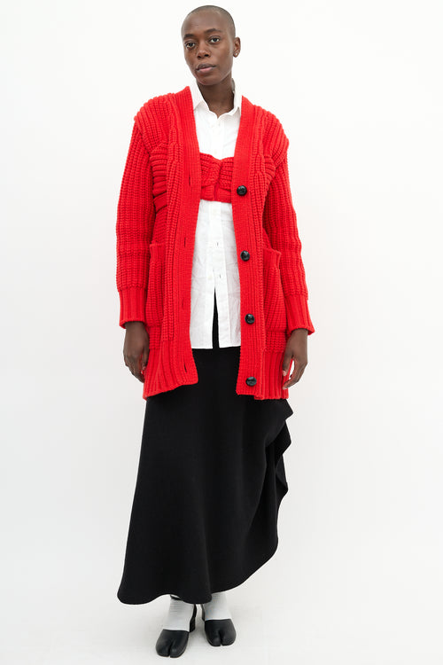 Sacai Red Wool Knit Long Cardigan