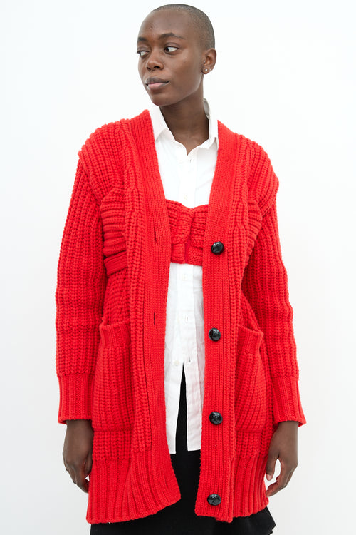 Sacai Red Wool Knit Long Cardigan