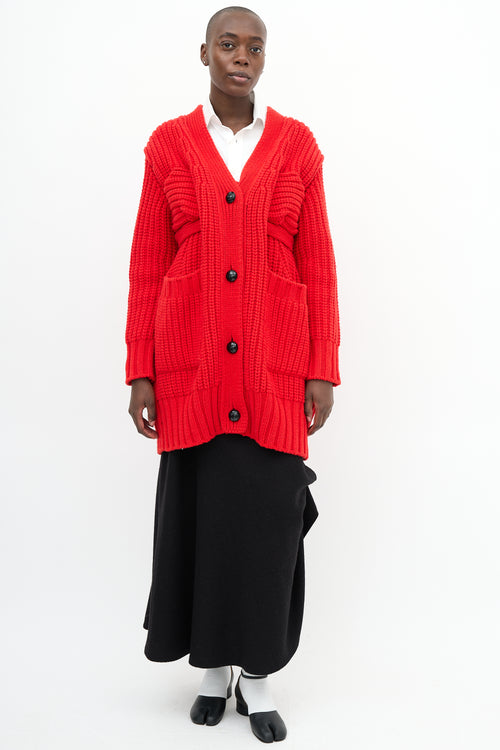 Sacai Red Wool Knit Long Cardigan