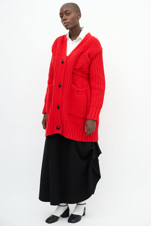 Sacai Red Wool Knit Long Cardigan