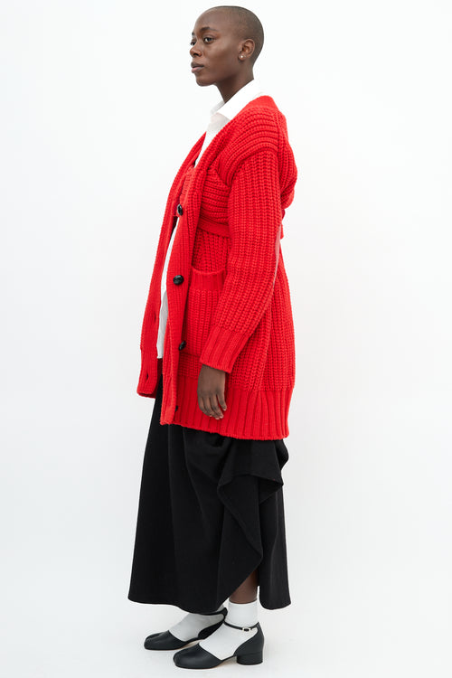 Sacai Red Wool Knit Long Cardigan