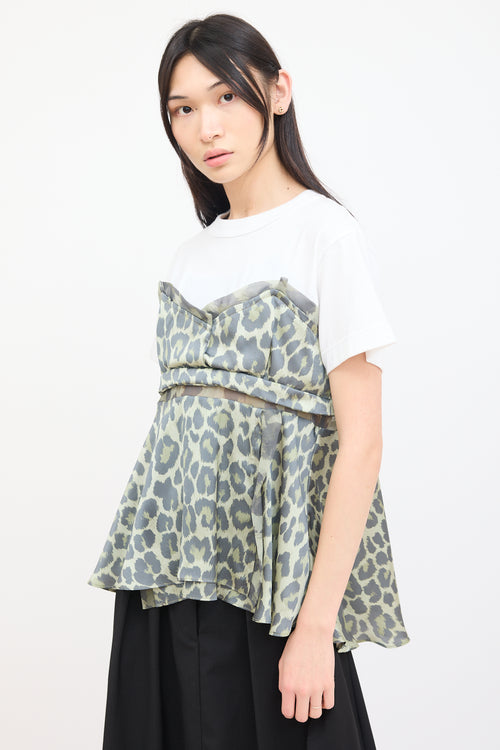 Sacai White 
Green Printed Overlay T-Shirt