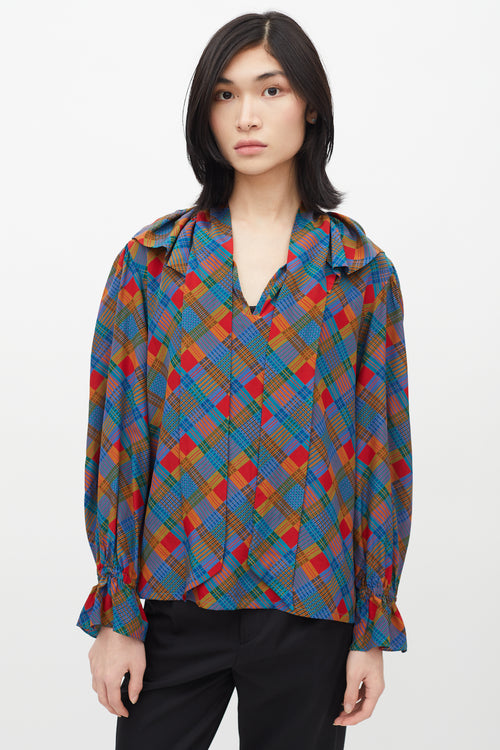 Saint Laurent 1980s Multicolour Plaid Necktie Blouse