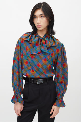 Saint Laurent 1980s Multicolour Plaid Necktie Blouse