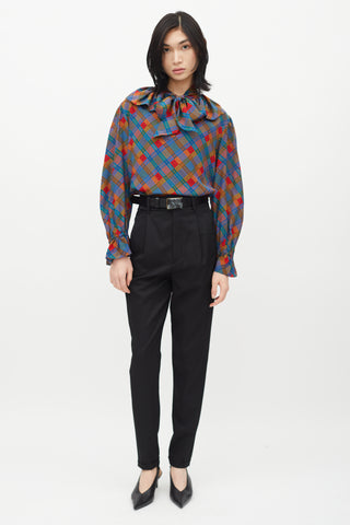 Saint Laurent 1980s Multicolour Plaid Necktie Blouse