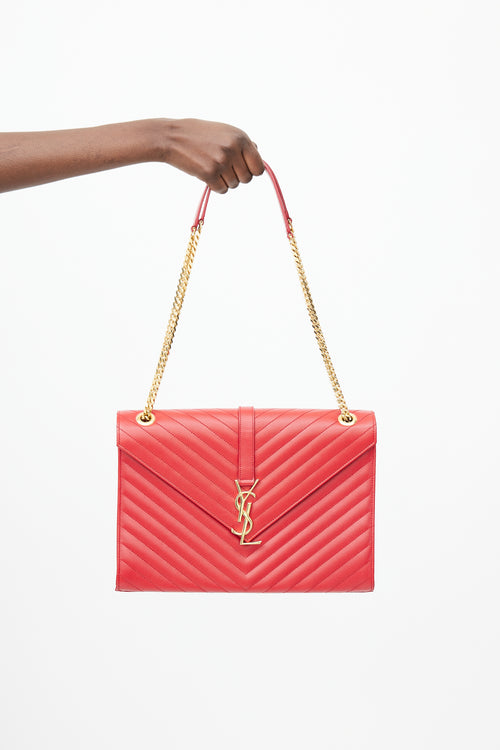 Saint Laurent 2014 Red Chevron Leather Large Envelope Bag