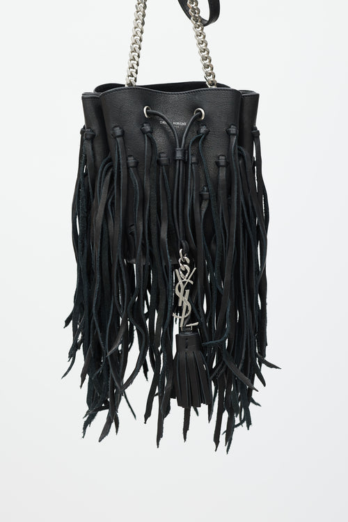 Saint Laurent 2015 Black Leather Fringe Monogram Mini Bourse Bucket Bag