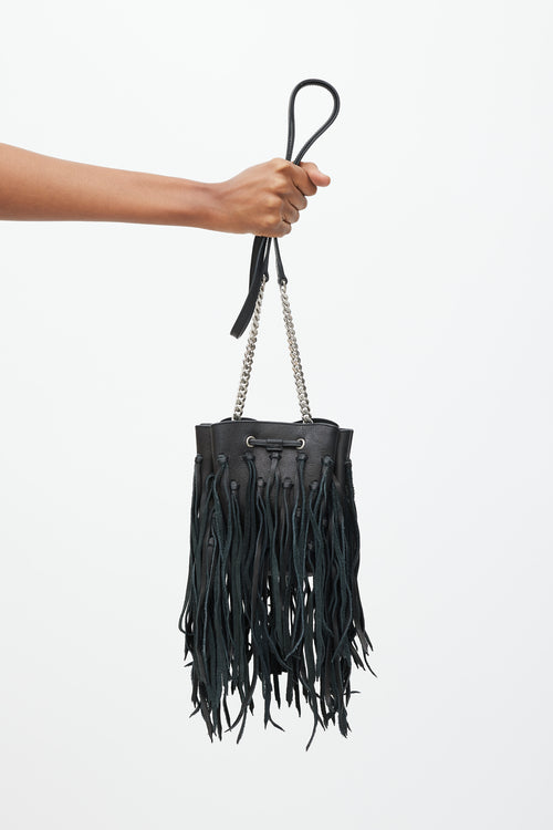 Saint Laurent 2015 Black Leather Fringe Monogram Mini Bourse Bucket Bag