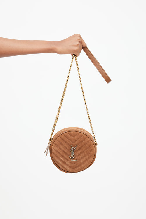 Saint Laurent 2020 Brown Suede Round Vinyle Cassandre Crossbody Bag