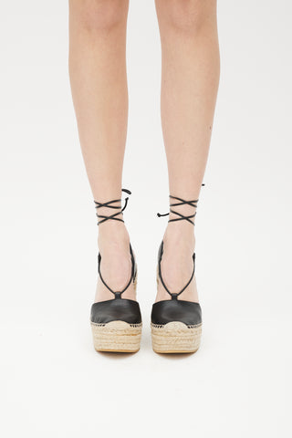 Saint Laurent Beige 
Black Leather Wedge Espadrille Sandal