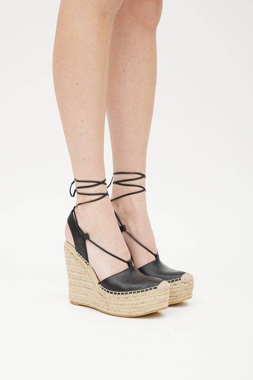 Saint Laurent Beige 
Black Leather Wedge Espadrille Sandal