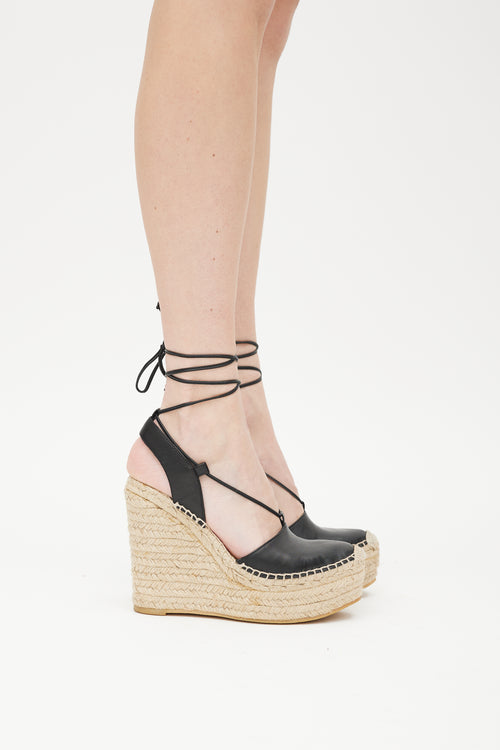 Saint Laurent Beige 
Black Leather Wedge Espadrille Sandal