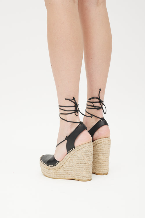 Saint Laurent Beige 
Black Leather Wedge Espadrille Sandal