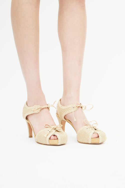 Saint Laurent Beige Woven Straw Heeled Sandal