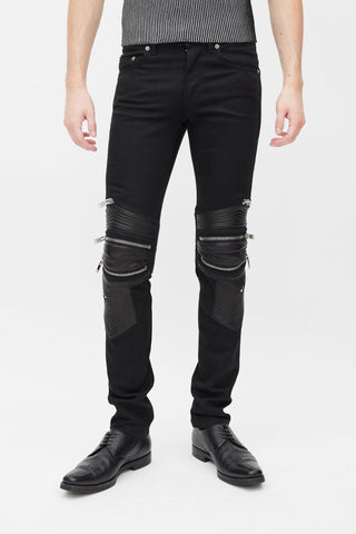 Saint Laurent Black Denim 
Leather Slim Biker Pant