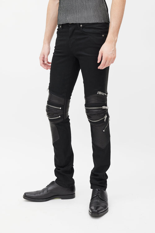 Saint Laurent Black Denim 
Leather Slim Biker Pant