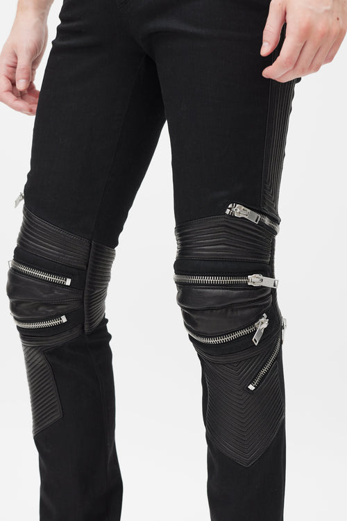 Saint Laurent Black Denim 
Leather Slim Biker Pant