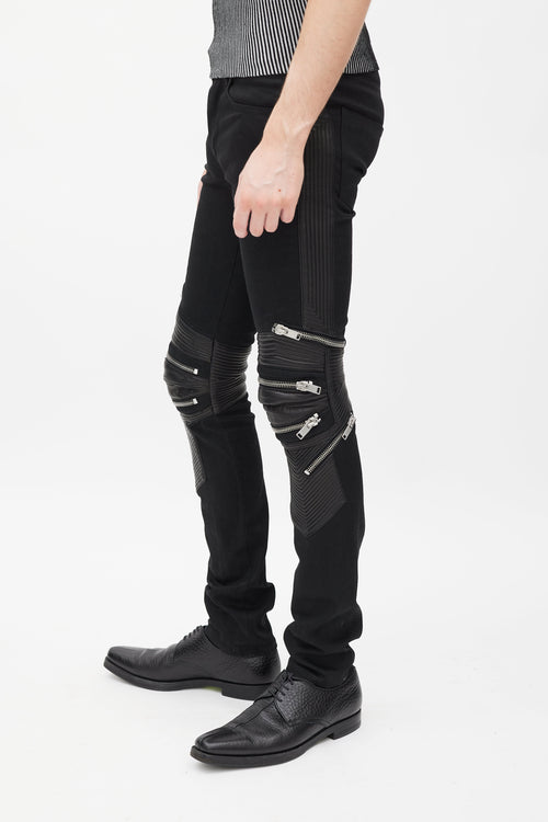 Saint Laurent Black Denim 
Leather Slim Biker Pant