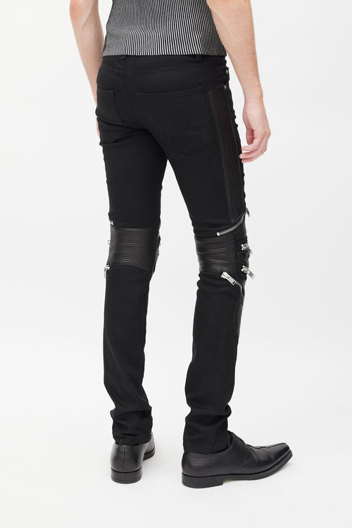 Saint Laurent Black Denim 
Leather Slim Biker Pant