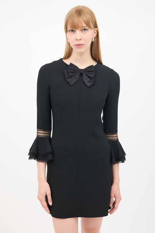 Saint Laurent Black Flounce Sleeve Bow Mini Sheath Dress