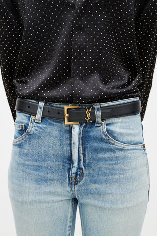 Saint Laurent Black 
Gold Cassandre Leather Belt