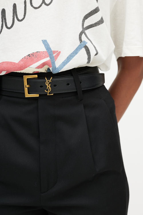 Saint Laurent Black Leather 
Gold Cassandre Logo Belt