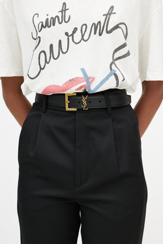 Saint Laurent Black Leather 
Gold Cassandre Logo Belt