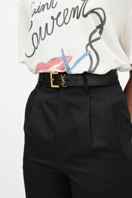 Saint Laurent Black Leather 
Gold Cassandre Logo Belt