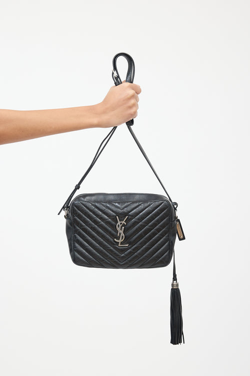 Saint Laurent Black Leather Chevron Tassel Crossbody Bag