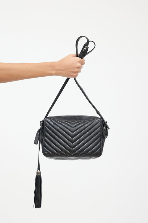 Saint Laurent Black Leather Chevron Tassel Crossbody Bag