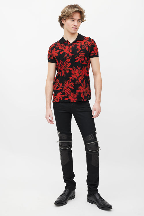 Saint Laurent Black 
Red Floral Polo Shirt