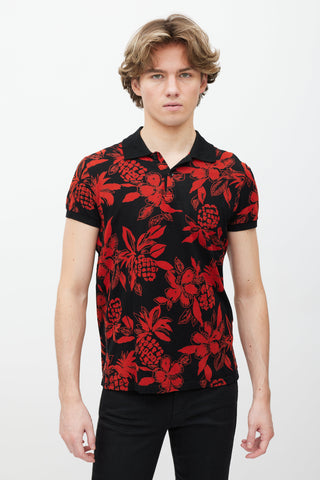 Saint Laurent Black 
Red Floral Polo Shirt