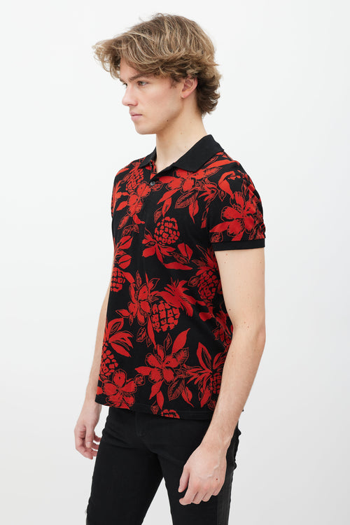 Saint Laurent Black 
Red Floral Polo Shirt