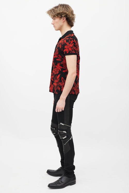 Saint Laurent Black 
Red Floral Polo Shirt