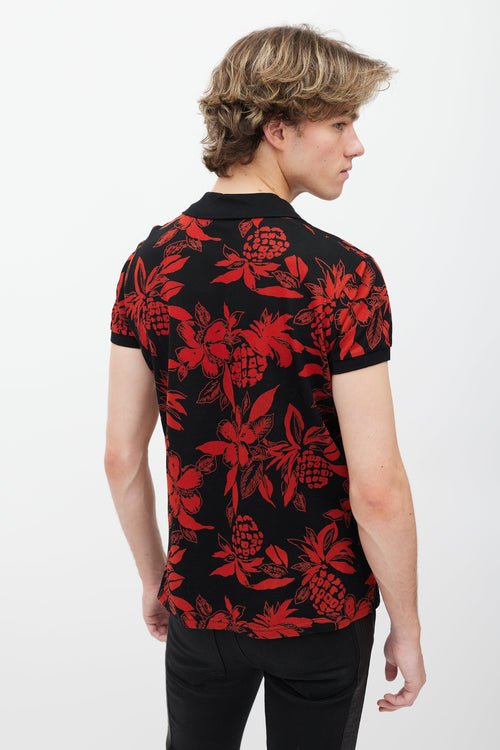 Saint Laurent Black 
Red Floral Polo Shirt