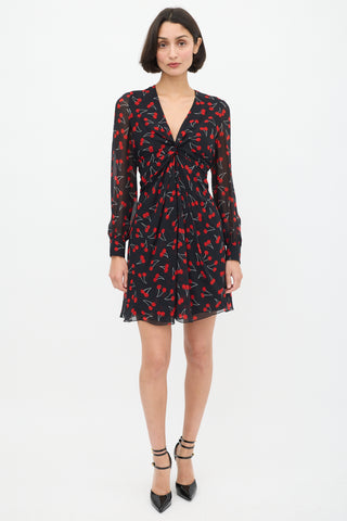 Saint Laurent Black 
Red Silk Printed Twisted Front Dress