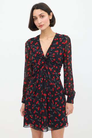 Saint Laurent Black 
Red Silk Printed Twisted Front Dress