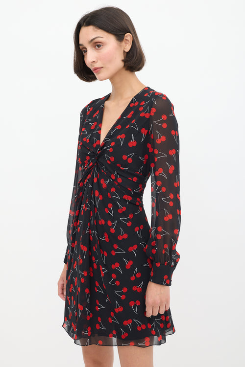 Saint Laurent Black 
Red Silk Printed Twisted Front Dress