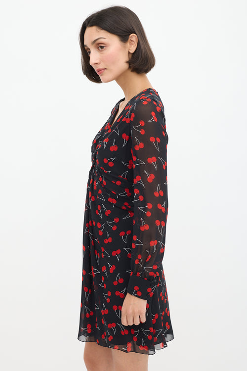 Saint Laurent Black 
Red Silk Printed Twisted Front Dress