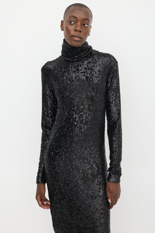 Saint Laurent Black Sequin Turtleneck Midi Dress