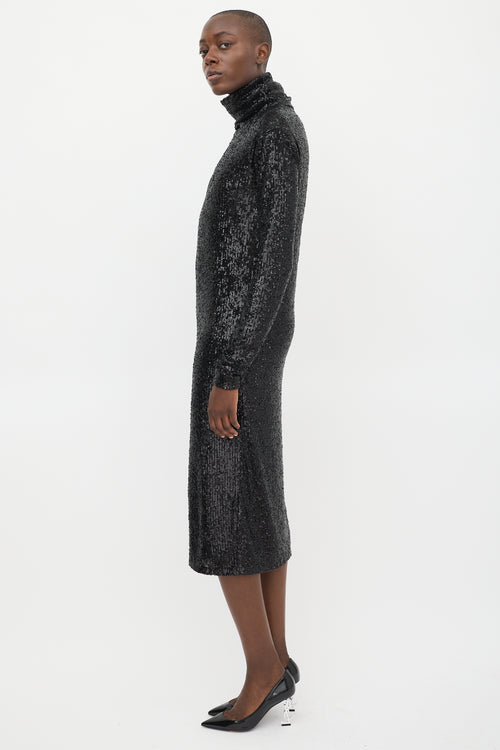 Saint Laurent Black Sequin Turtleneck Midi Dress