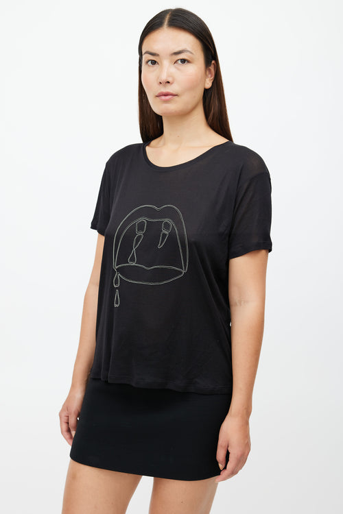 Saint Laurent Black 
Silver Embellished Fang Sheer T-Shirt