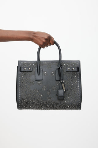 Saint Laurent Black 
Silver Leather Studded Sac De Jour Bag