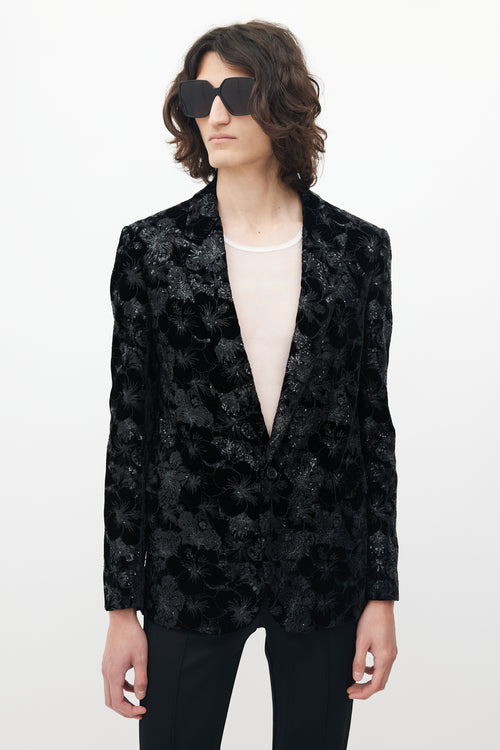 Saint Laurent Black Velvet Floral Sequin Blazer