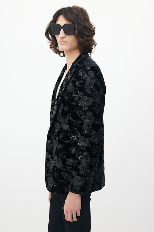 Saint Laurent Black Velvet Floral Sequin Blazer