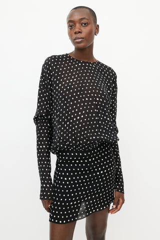 Saint Laurent Black 
White Sheer Polka Dot Silk Dress