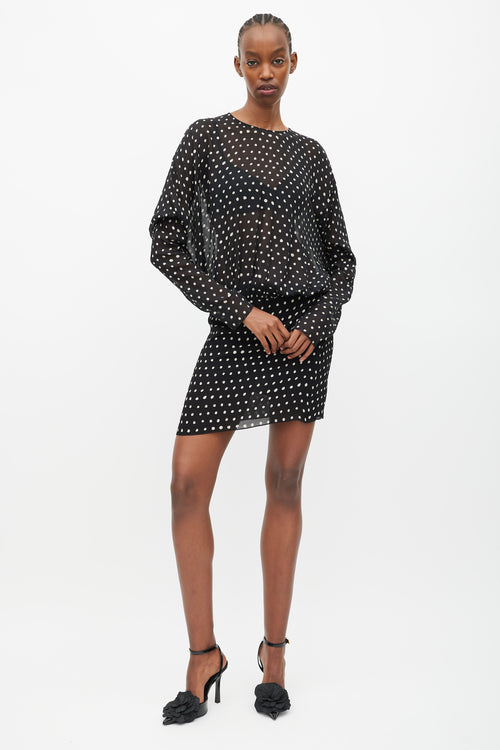 Saint Laurent Black 
White Silk Sheer Polka Dot Dress