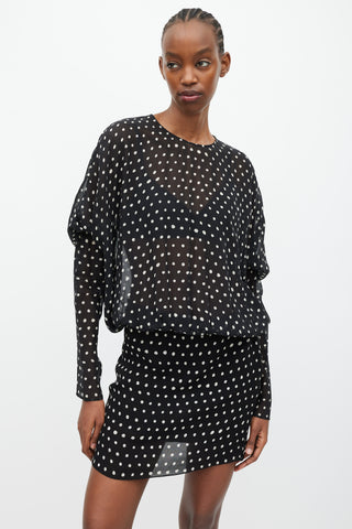 Saint Laurent Black 
White Silk Sheer Polka Dot Dress