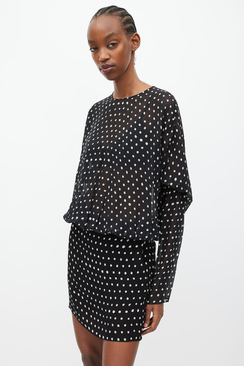 Saint Laurent Black 
White Silk Sheer Polka Dot Dress