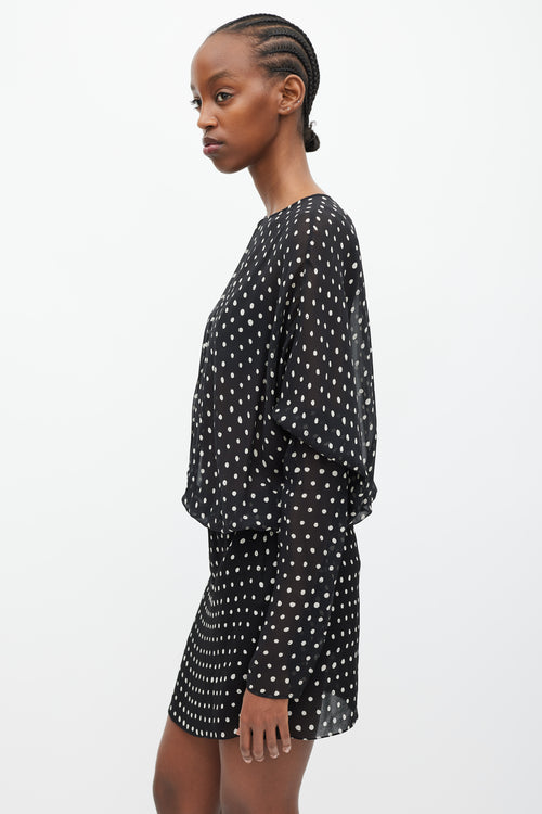 Saint Laurent Black 
White Silk Sheer Polka Dot Dress